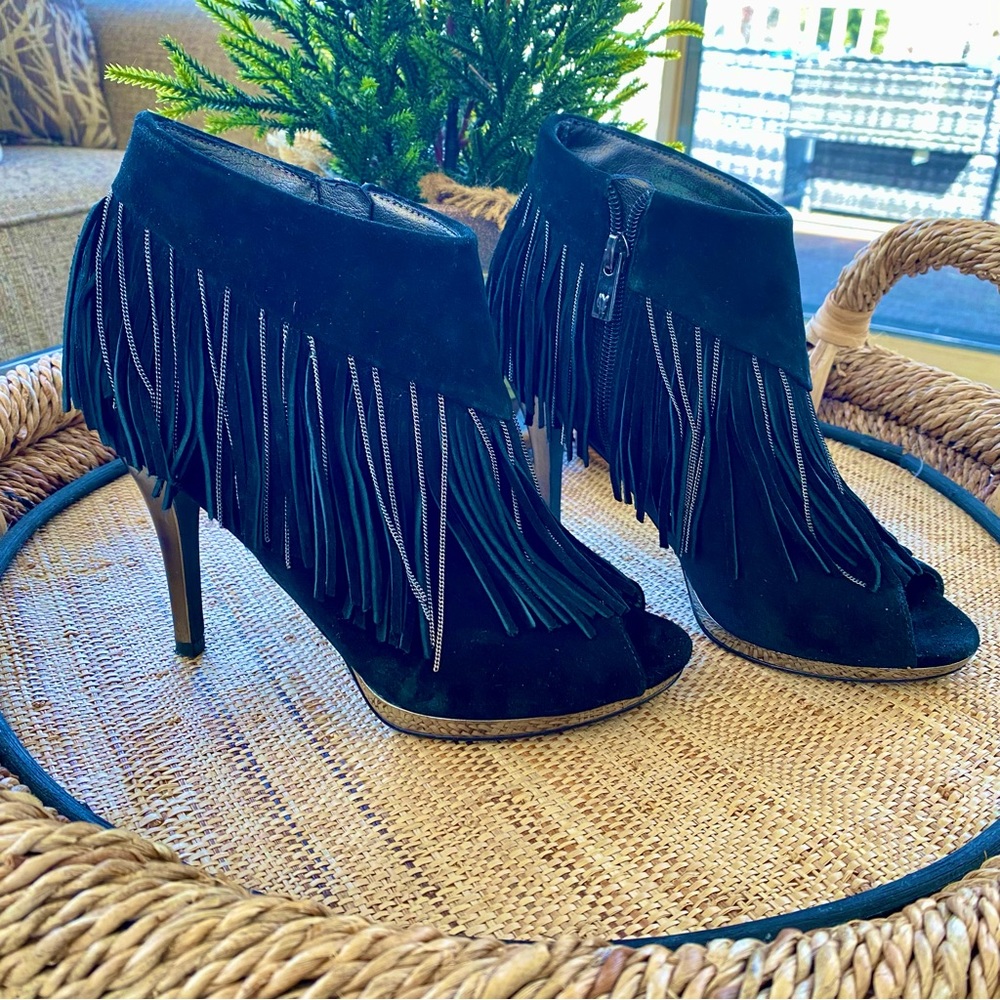 Peep Toe Suede “Bellamy” Black Fringe Open Toe Bootie